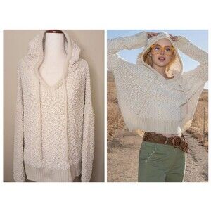 POL Sz L Popcorn Knit Oversized Cropped Hoodie Sweater Long Sleeve Neutral Cream